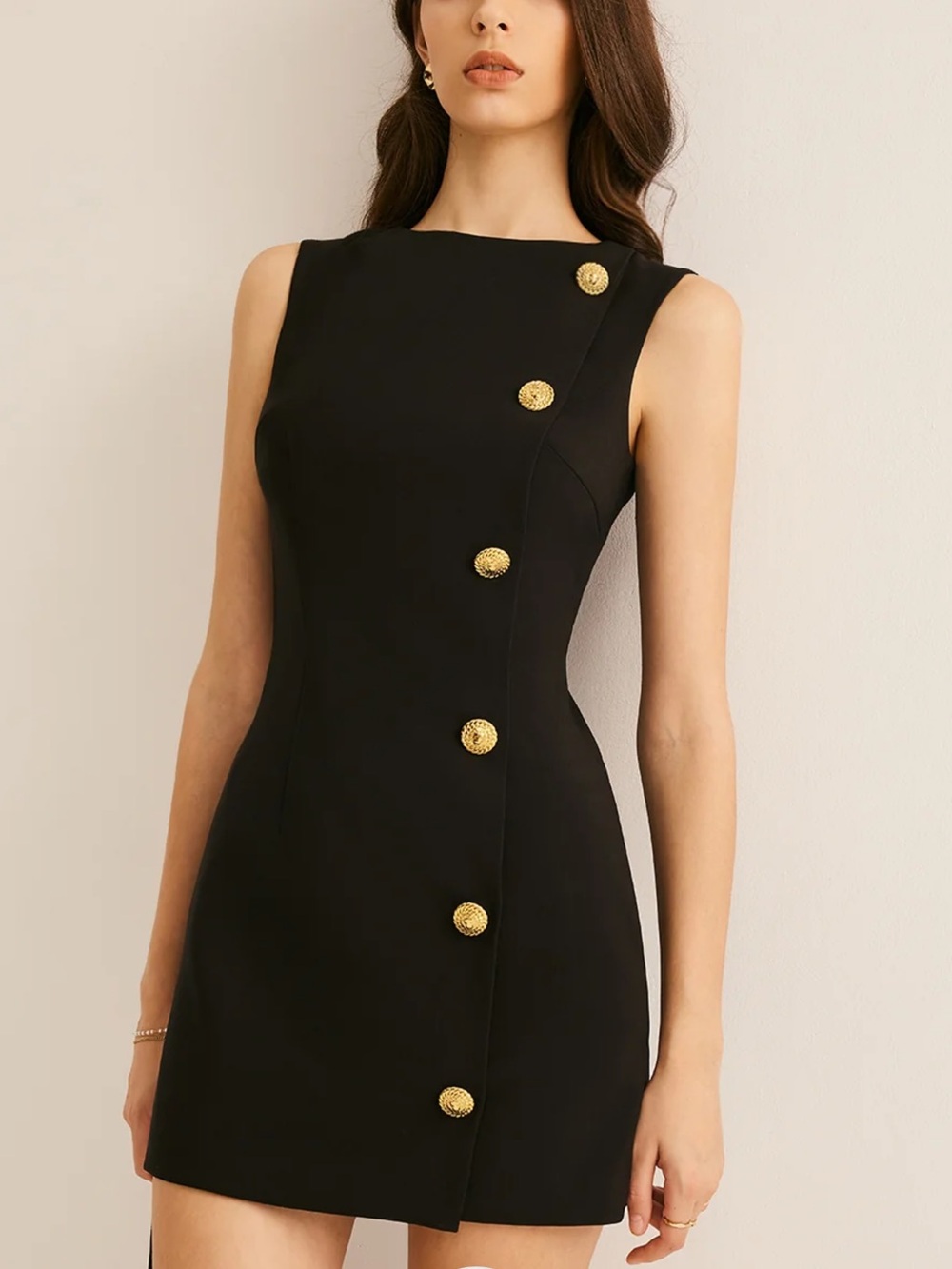 Commense Black Mini Dress with Gold Buttons